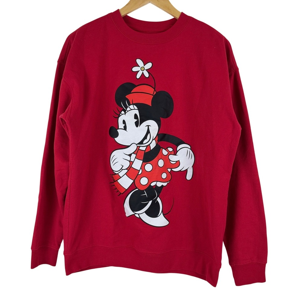 Disney Minnie Mouse Red Sweatshirt Crewneck Pullover Winter Scarf Flower Size M